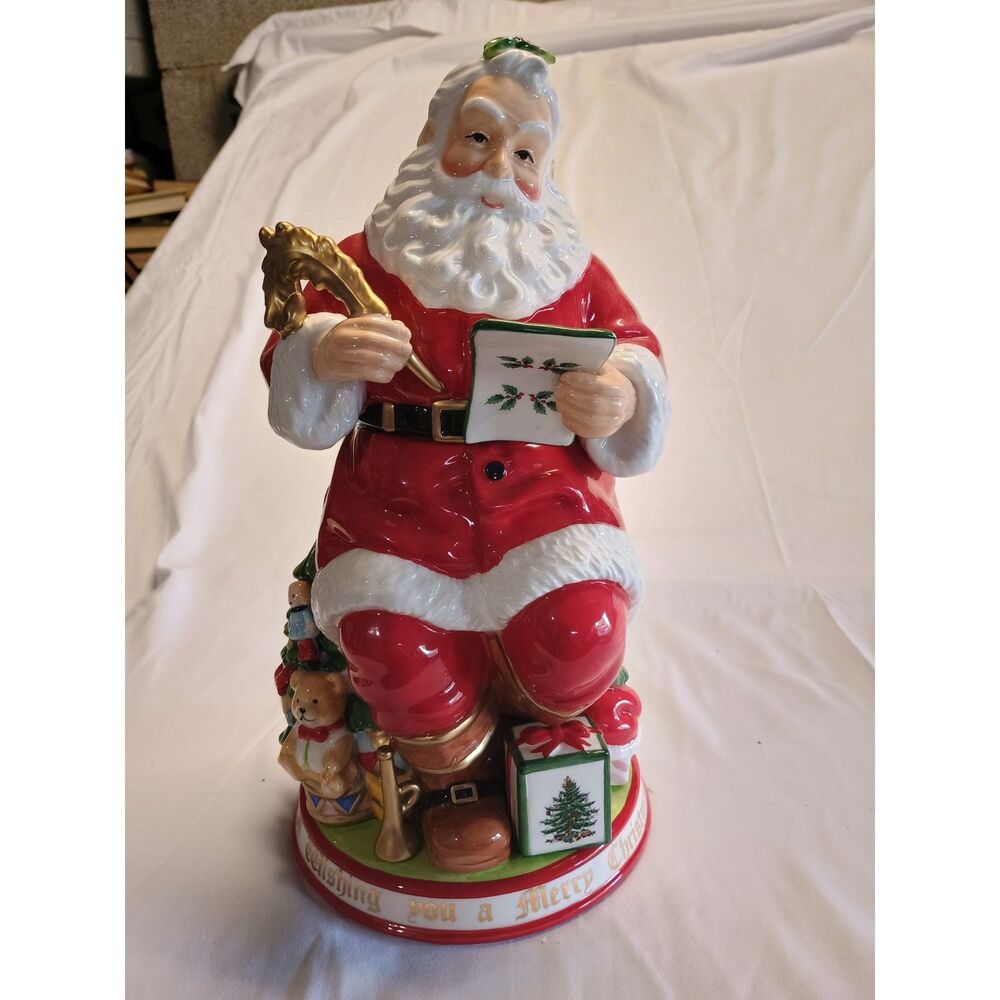 Spode Christmas Tree Santa Claus List Writing Figural Ceramic Cookie Jar 12 in
